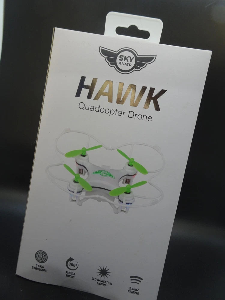 Sky Rider Hawk quadcopter drone retail box with small green quadcopter illustration