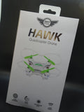 Sky Rider Hawk quadcopter drone retail box with small green quadcopter illustration