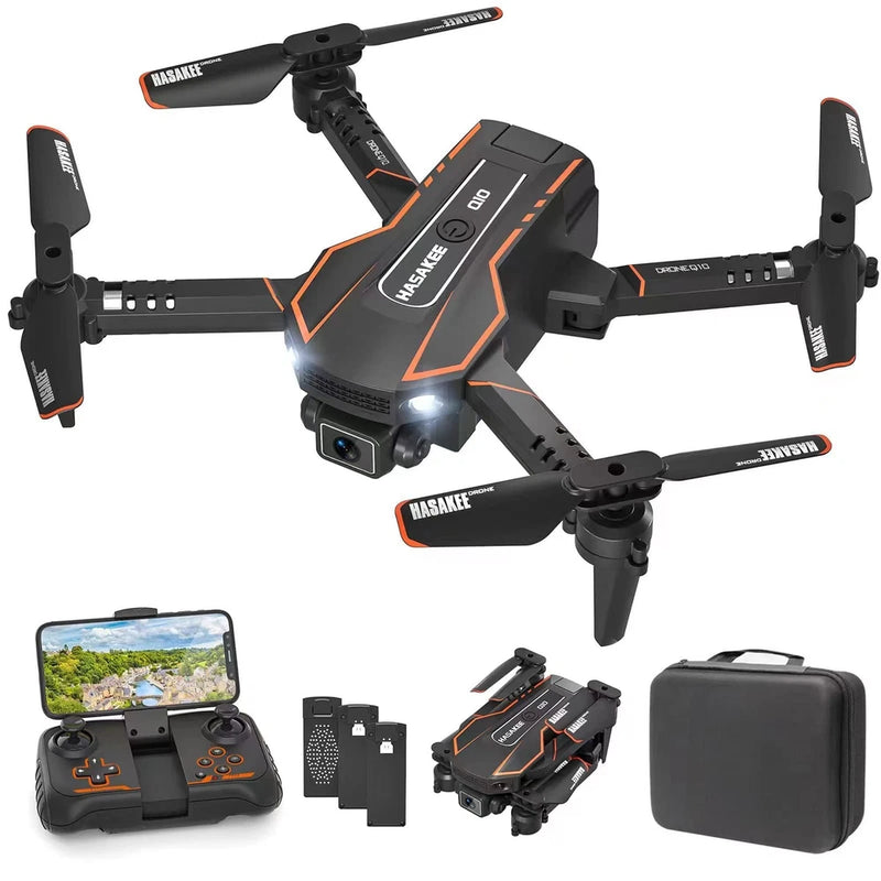 Orange-and-black mini quadcopter with camera, plus remote and carrying case