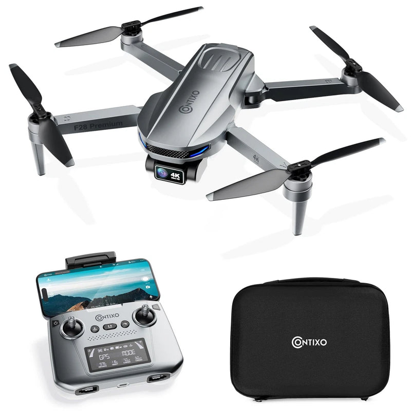 F28A drone with 4-blade props, handheld controller, and black storage case