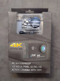 4K waterproof action camera in retail box with Wi‑Fi, visible lens and front panel