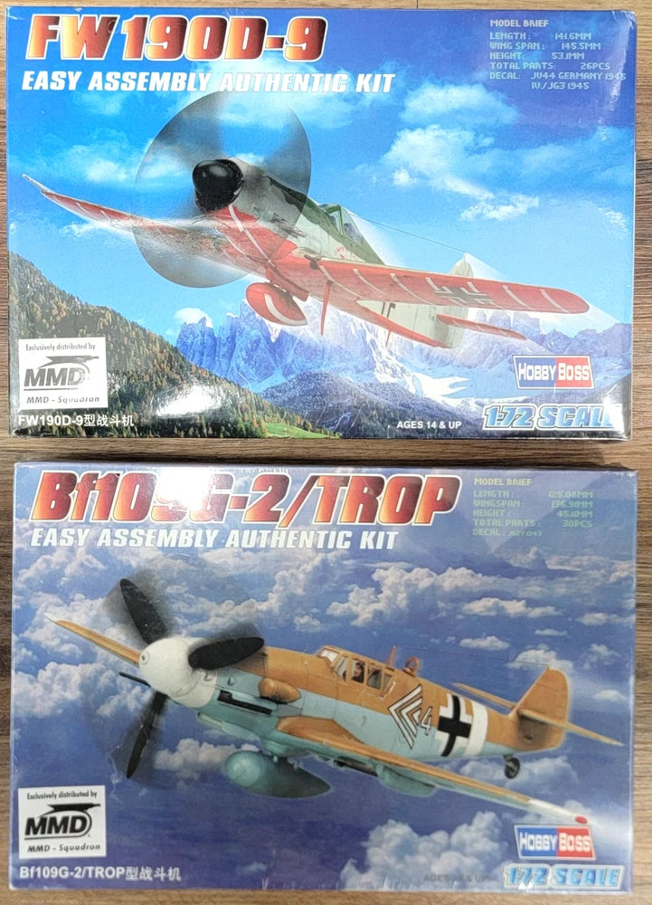 Plastic airplane model kit box set, FW190D-9 and BF109G-2/TROP, 1:72 scale
