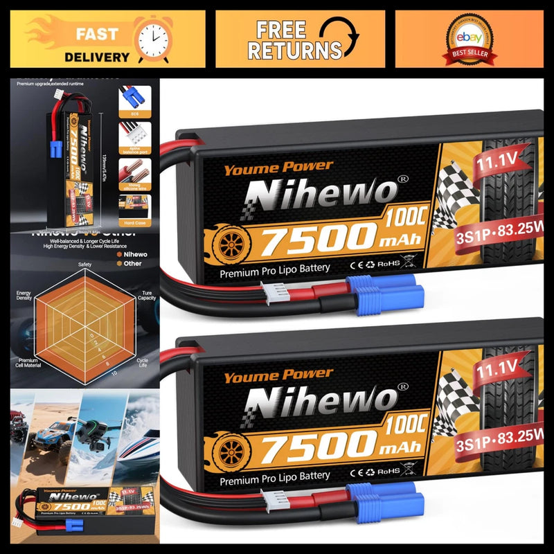 High-Performance 3S Lipo Battery 7500mAh 11.1V 100C EC5 for RC Car & Boat - 2 Pa Battery