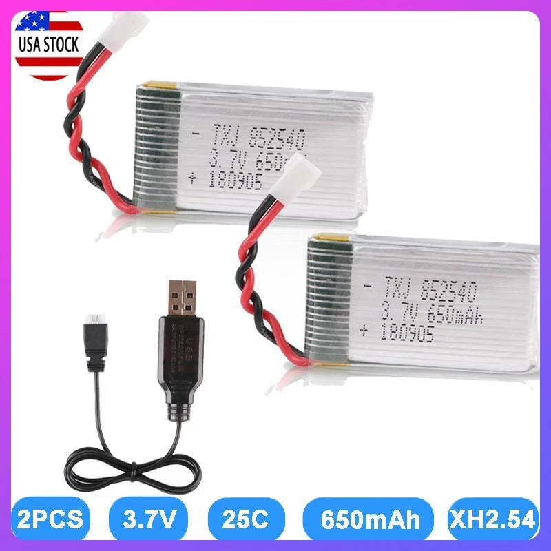 2 Pack 3.7V 650mAh 25C Lipo Battery + USB Charger For Syma X5 Serial UAV Drone