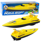 Yellow race boat model toy with black accents and propeller-style details