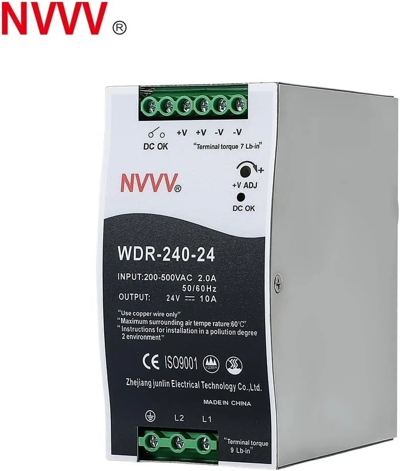 WDR-240-24 24V, Input:180~550VAC,Output:24VDC 10A, 240W Industrial DIN Rail