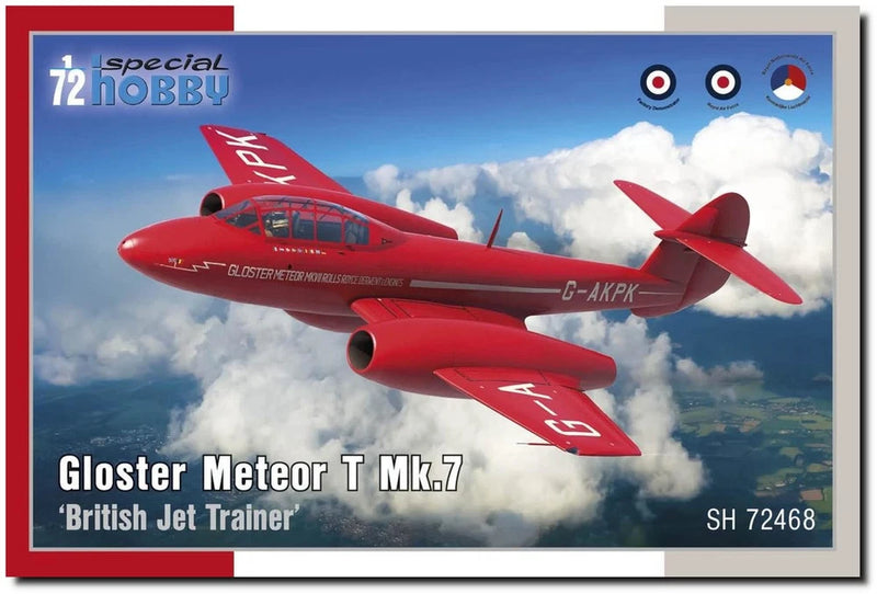 Red Gloster Meteor T Mk.7 jet trainer plastic model kit box art, twin intakes