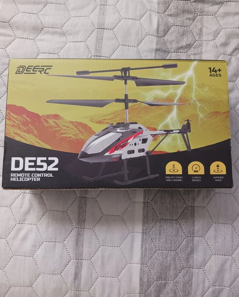 DEERC DE52 remote control helicopter box, 14+ ages, altitude hold RC features shown