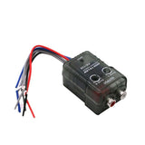 Car audio RCA converter box with RCA ports and wire leads, black housing