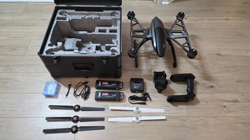 4K drone kit with hard carry case, drone, propellers, batteries and accessories