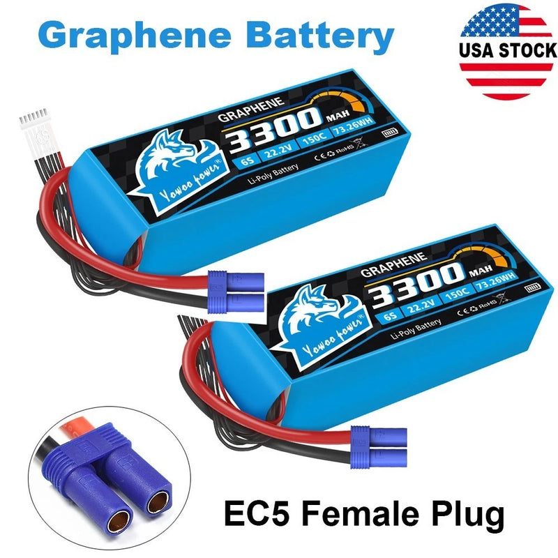 2X Yowoo 6S 3300mAh Lipo Battery EC5 22.2V 150C for RC Drone FPV Helicopter Car Battery