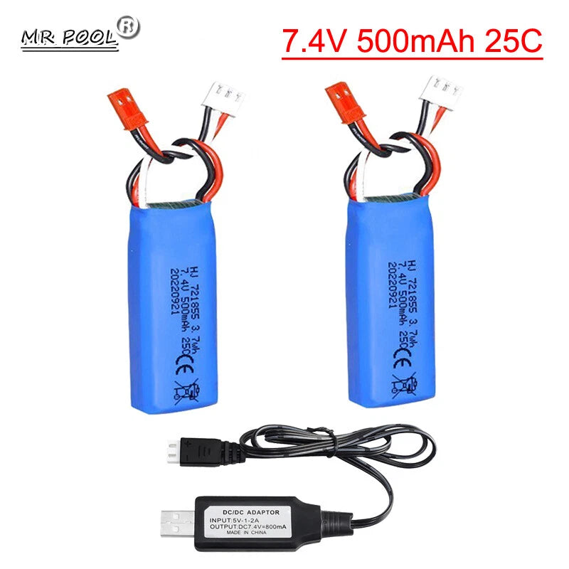 2Pcs 7.4V 500mAh 25C Lipo Battery JST plug for WLtoys A202 A212 A232 A242 4WD RC