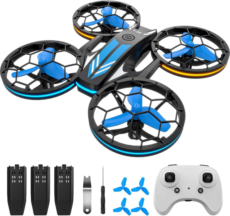 RC quadcopter drone with blue LED lights and black controller, plus spare batteries