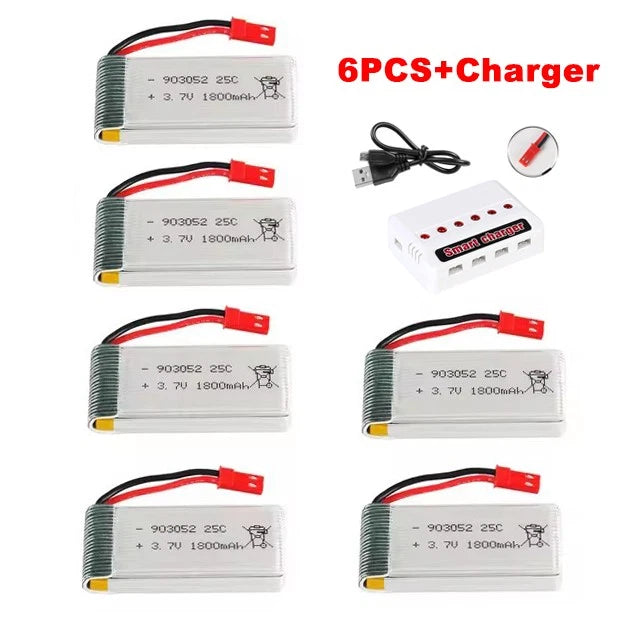 Pack of 6 LiPo JST plug RC batteries with 6-port charger and USB cable