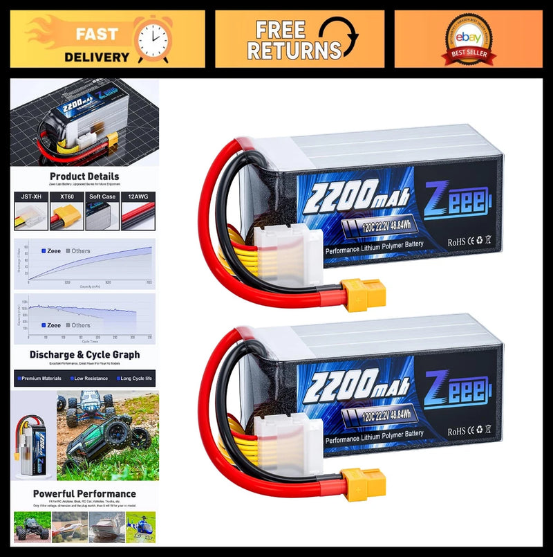 6S Lipo Battery 2200mAh 22.2V 120C XT60 Connector - High Performance (2 Pack) Battery