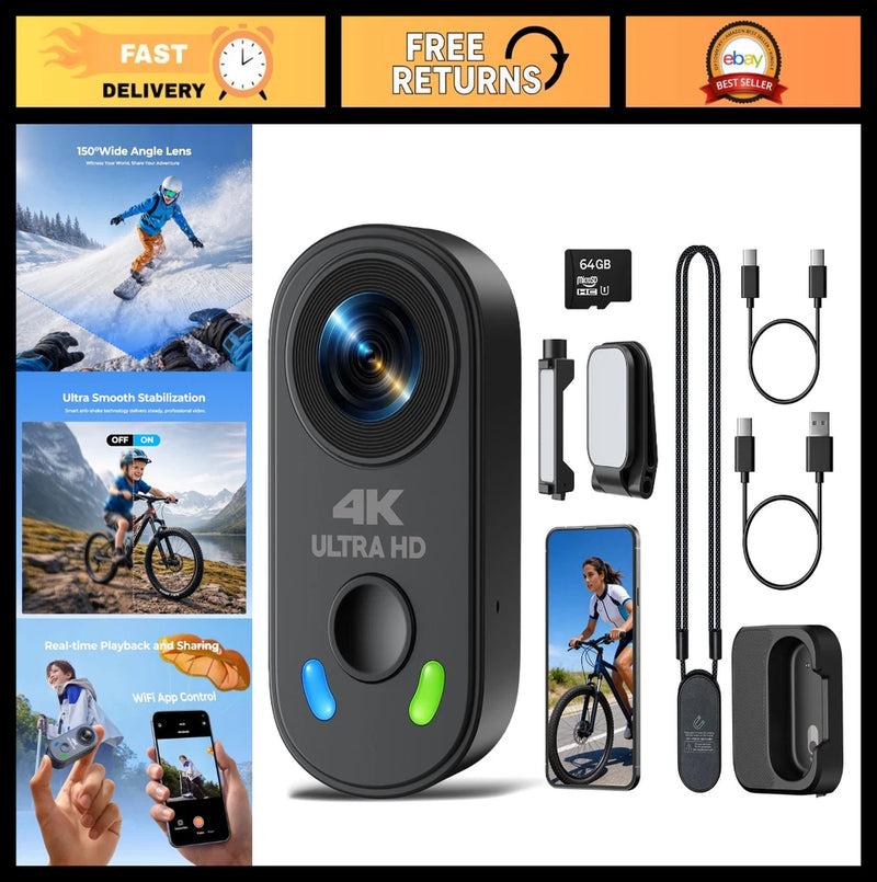 4K Mini Body Camera - Thumb Size POV Action Cam, WiFi, EIS, Magnetic Mount, 64GB