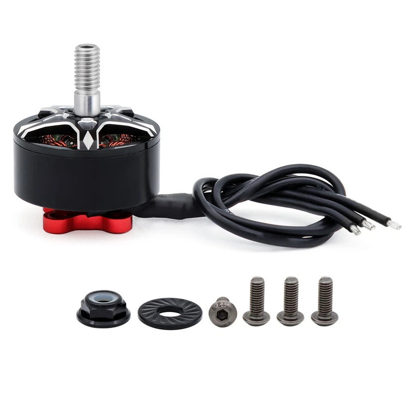 High-speed S2208 brushless motor with black housing, mounting shaft, red accents, wire leads