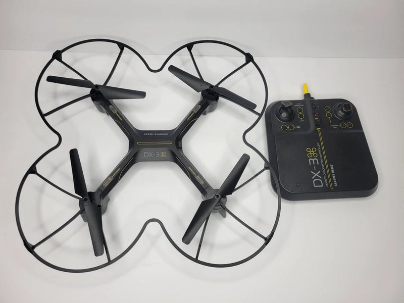 Sharper Image DX-3 video drone with quadcopter frame and handheld remote controller