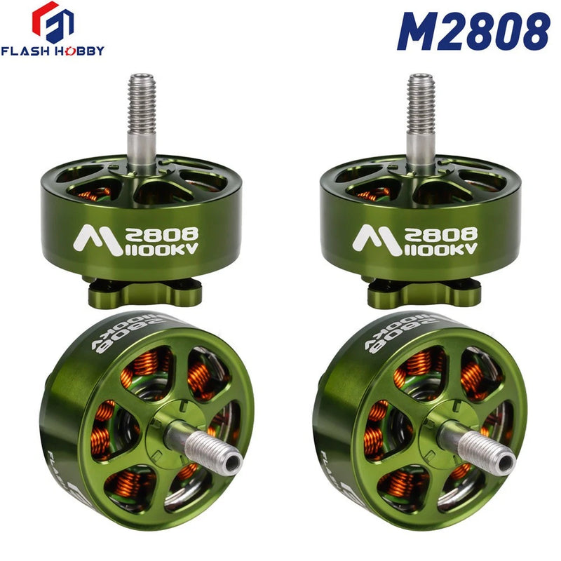 Green 2808 1100KV brushless RC motor with aluminum bell and exposed windings