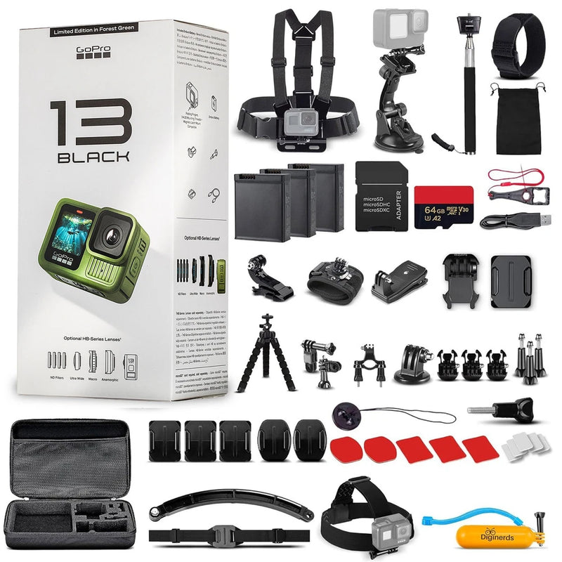 Forest green waterproof action camera kit with mounts, extra batteries, memory card