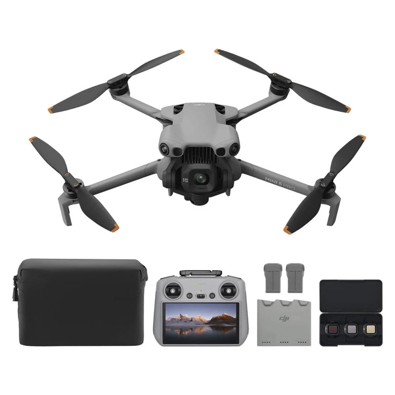 DJI Mini 5 Pro drone with controller, case, extra batteries and charging hub