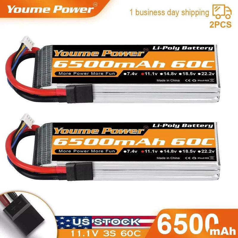 2Pcs 11.1V 6500mAh 3S LiPo Battery 60C For RC Tr Car Truck Buggy Boat FPV Drone