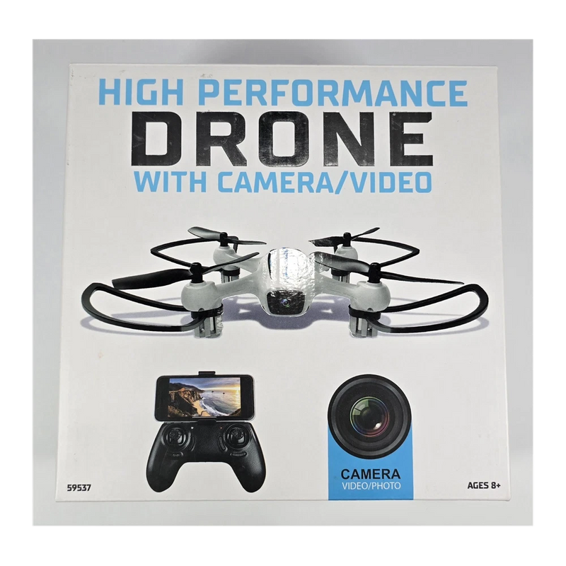 Quadcopter drone with camera, shown with controller and smartphone display on box
