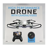 Quadcopter drone with camera, shown with controller and smartphone display on box