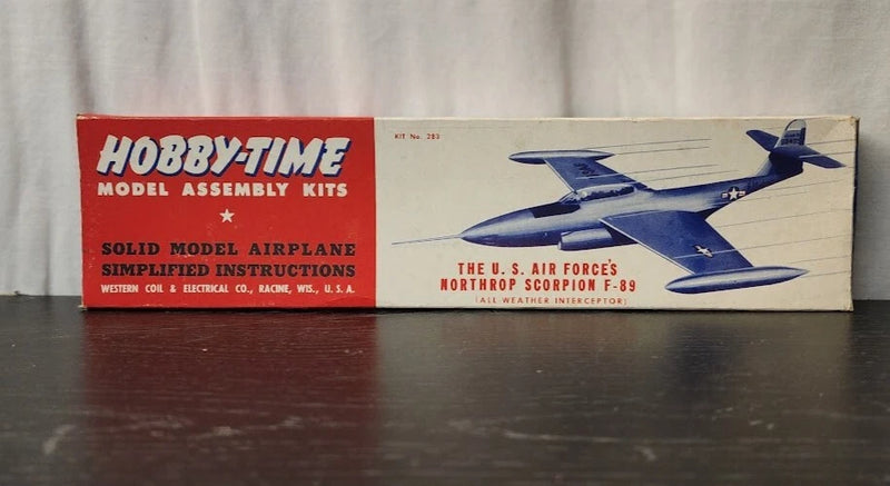 Hobby-Time vintage 1:68 Northrop SCORPION F-89 model airplane kit box, opened