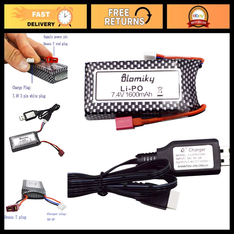 Blomiky 7.4V 1600mAh Li-Po battery pack with T connector and USB charging cable