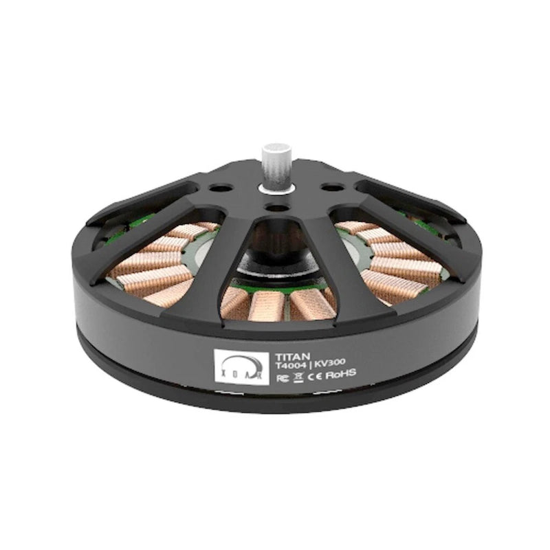 Brushless electric motor: black round stator with copper windings and central shaft mount