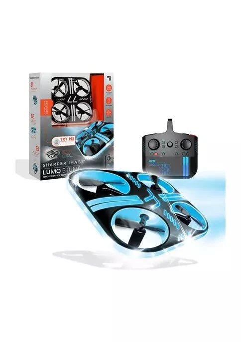 LED glow drone with blue-lit body and 2.4 GHz remote controller