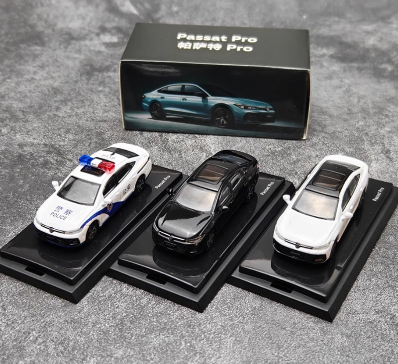 1/64 scale alloy model car set with three Passat Pro colors on display stands