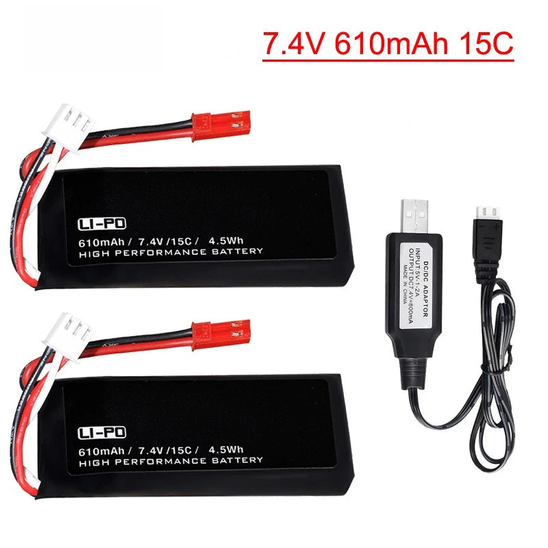 7.4V 610mAh LiPo battery pack set with red JST plug and USB charger cable