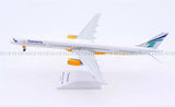Pre-built Transavia B757-300 scale model airplane with stand, white fuselage and blue tail