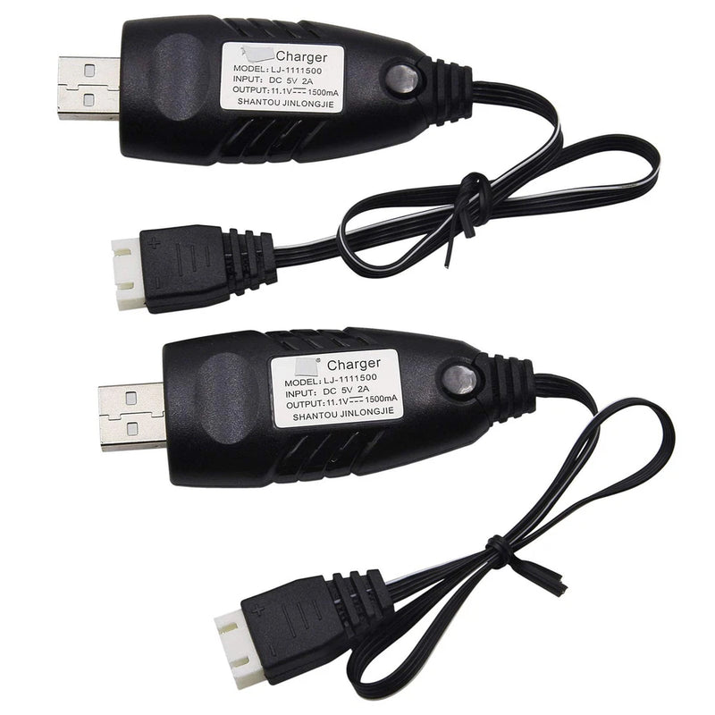 Two-pack black USB lithium charger cables with USB plugs and battery connector leads