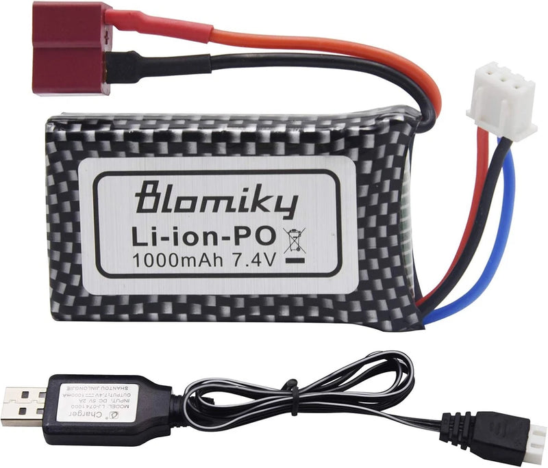 1 Pack 7.4V 1000mAh 30C 7.4Wh Lipo Battery T Plug and Charge Cable for HBX Battery