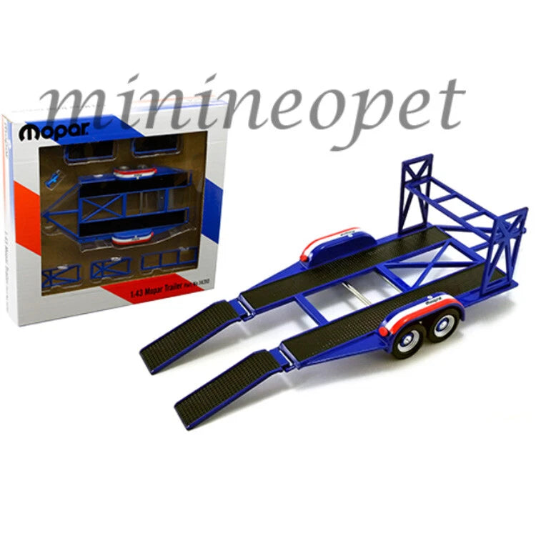 Blue tandem model car trailer with tire rack and two black ramps