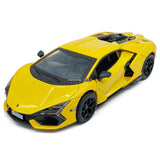 Yellow Lamborghini Revuelto diecast model car with black wheels, front headlights