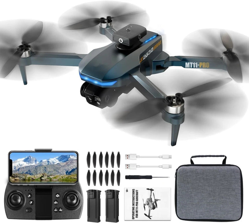 Foldable brushless motor drone with controller, propellers, batteries, and carrying case