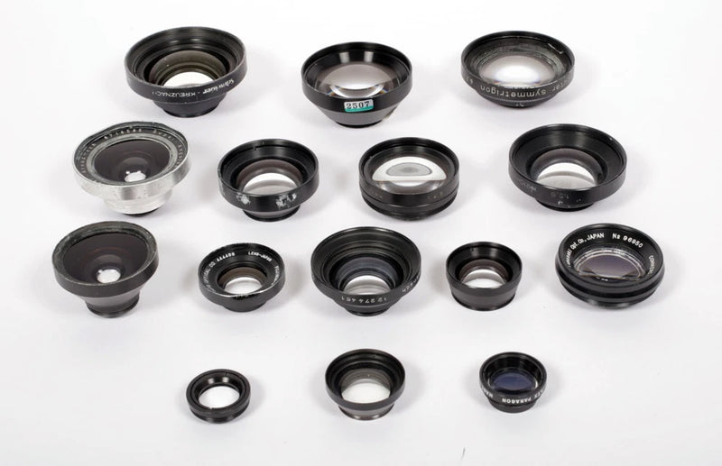 Lot of 15 large format lens cells AS IS Schneider Computar Fuji ILEX RODENSTOCK