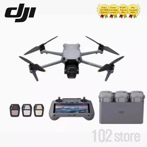 DJI camera drone with folding prop arms, controller screen, and battery pack