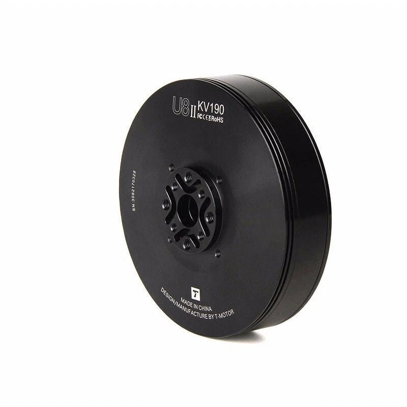 Black brushless drone motor with circular mounting hub and multiple bolt holes