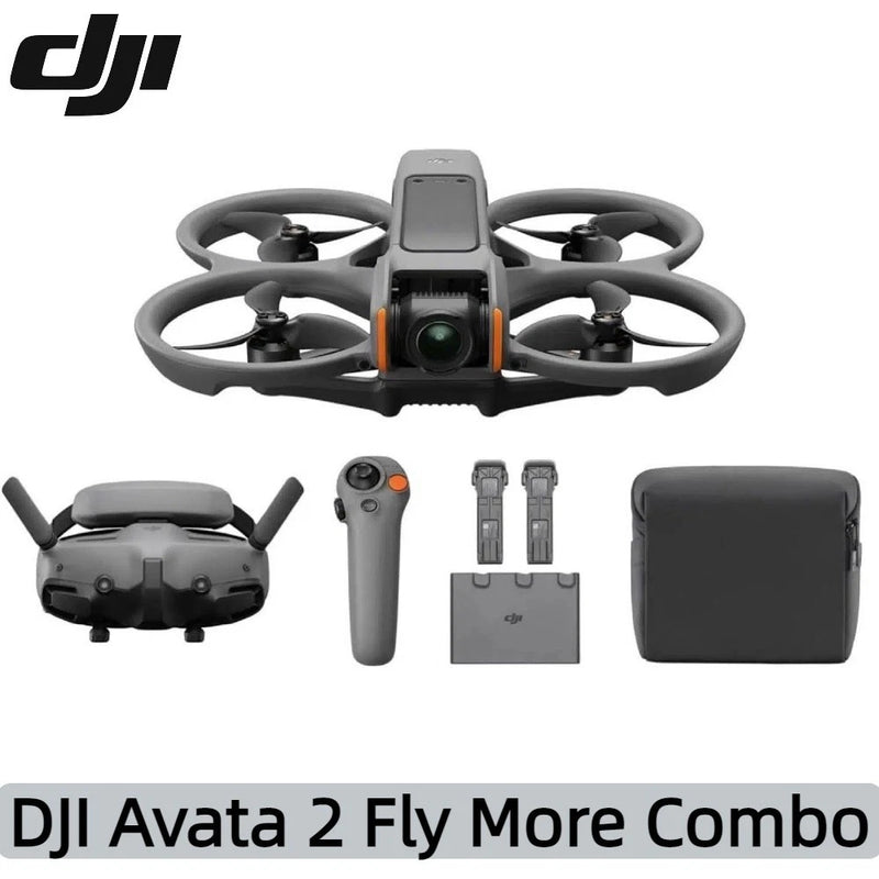 Gray DJI drone kit with controller, spare batteries, and goggles case