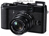Fujifilm FinePix X10 compact digital camera with attached zoom lens, black body