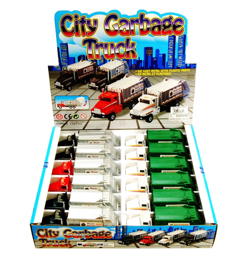 GARBAGE TRUCK DIECAST CAR - BOX OF 12 6 INCH SCALE DIECAST MODEL CARS, ASSORTED