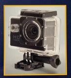 Waterproof action camera in clear protective case with front lens and mounting bracket