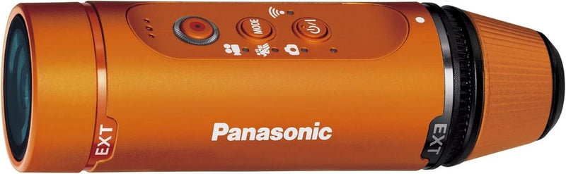 Orange Panasonic wearable camera with lens and button panel, cylindrical body