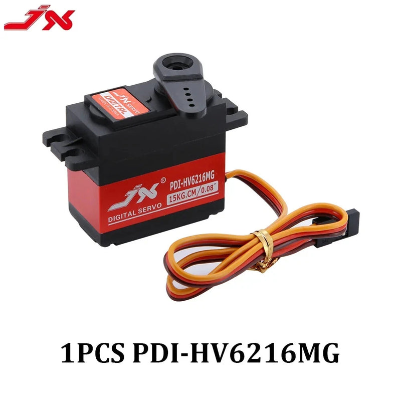 Waterproof digital servo with black/red body and orange wire harness