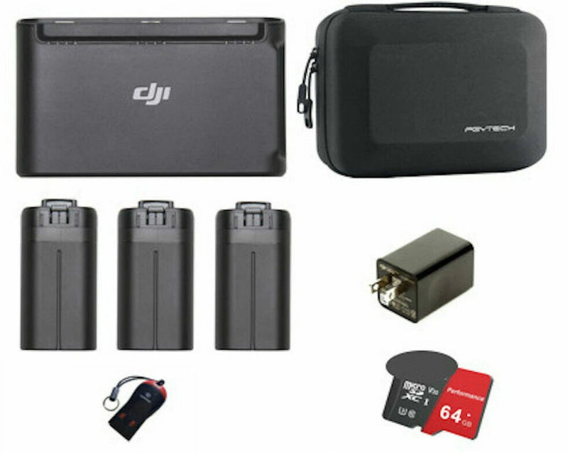 DJI Fly More kit: black case, carry bag, three batteries, charger, 64GB microSD card